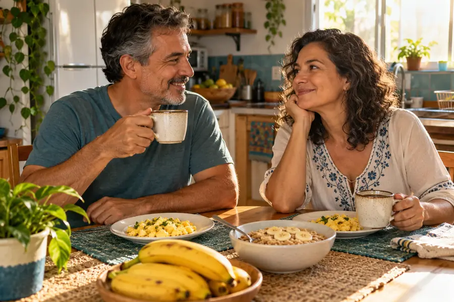 Casal tomando café da manhã com calma na cozinha de casa