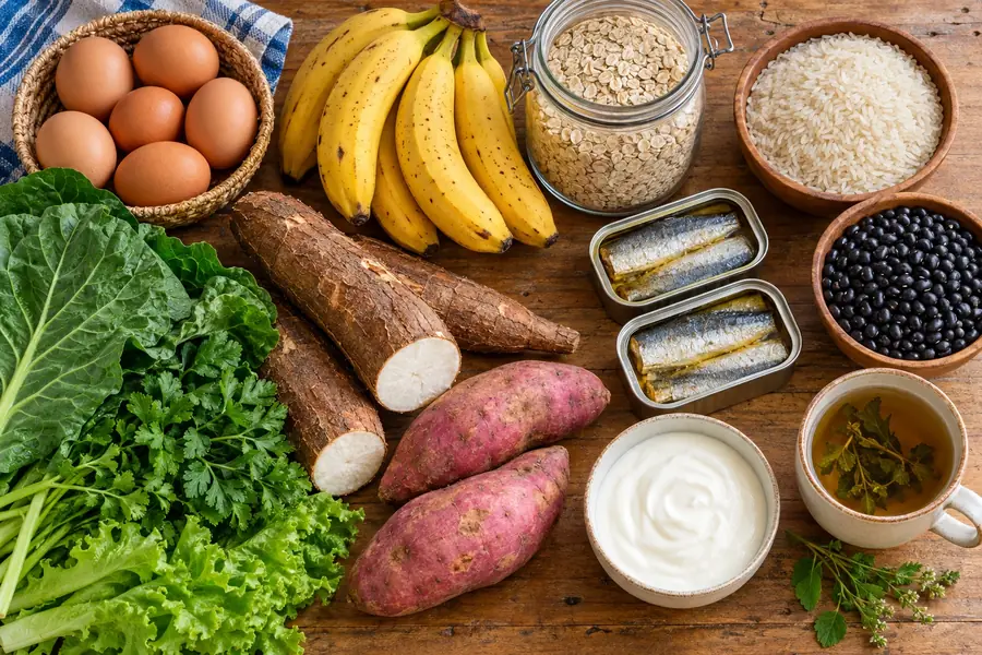Ingredientes de feira usados no cardápio: ovos, banana, aveia, arroz, feijão e sardinha, vistos de cima
