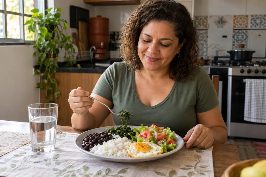 Pessoa tranquila almoçando um prato brasileiro com arroz, feijão, ovo e verduras