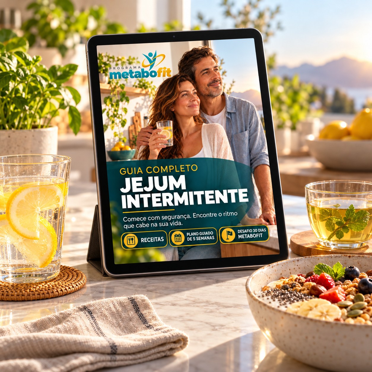 Guia MetaboFit exibido em tablet em uma rotina de café da manhã